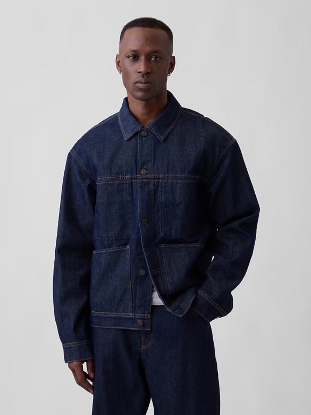 Gap Boxy Icon Denim Chore Barn Jacket Coat Dark Wash Classic Fall Closet Staple